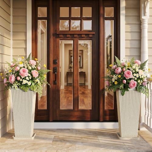 24" Tall Planters for Outdoor Plants with Tray Set of 2 Resin Beige - Image 6