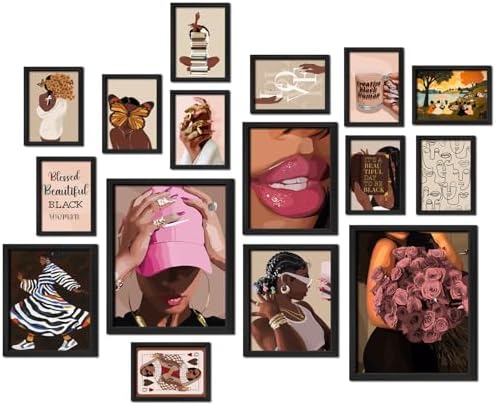 ANERZA 16 PCS Black Girl Wall Art Decor, African American Gallery Wall Prints for Bedroom, Black Woman Posters for Living Room Aesthetic, Black People Collage Kit Pictures, Pink and Black Dorm Home Decor by Unknown