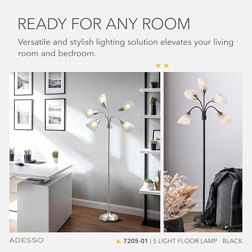 Adesso 5-Light Floor Lamp, Black, Movable Shades, Adjustable, 67” - Image 3