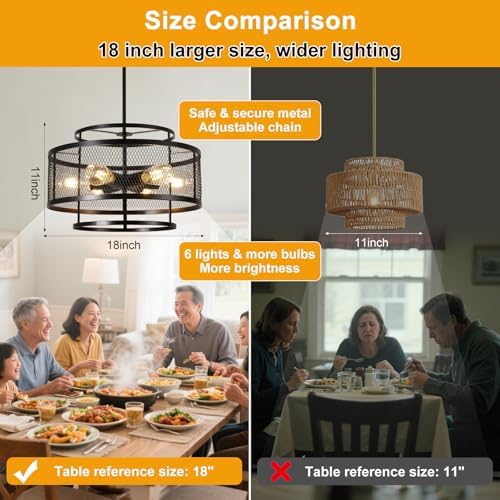 18" Dining Room Light Fixture/Chandelier Over Table, No Assembly Required 6-Light Modern Pendant Lights Kitchen Island,Industrial Black Hanging Pendant Lights Fixture for Kitchen Island Foyer Entryway - Image 5