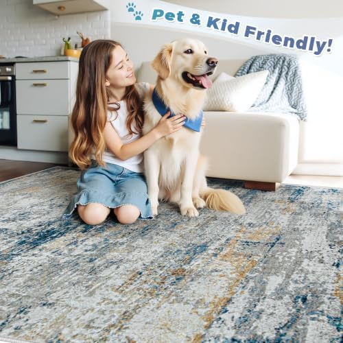 pmtsns Area Rugs 9x12 for Living Room: Washable Rug Modern Abstract Neutral Soft Non-Slip Low-Pile Indoor Large Carpet for Bedroom Dining Room Playroom Home Office (BlueGreyGold, 9'x12') - Image 5