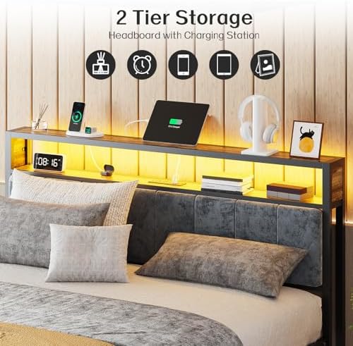 OLEVS King Bed Frame with Headboard, Metal Platform Bed King Size with 2-Tier Storage, LED Light & Charging Station Type C, No Box Spring Needed, Easy Assembly - Image 5