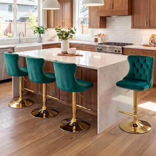 SoarFlash Velvet Bar Stool Set of 4, Adjustable Swivel Bar Stools with Gold Plated Metal Leg, Button Tufted, Footrest, Chrome Nailhead, Counter Height Chair for Kitchen, Bar, Dining Room (Green) - Image 3