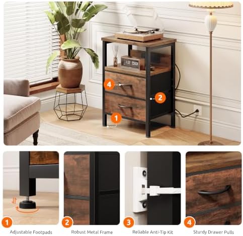 Lazzanto Night Stand with Charger Station for Bedroom, Brown Nightstand - Image 5