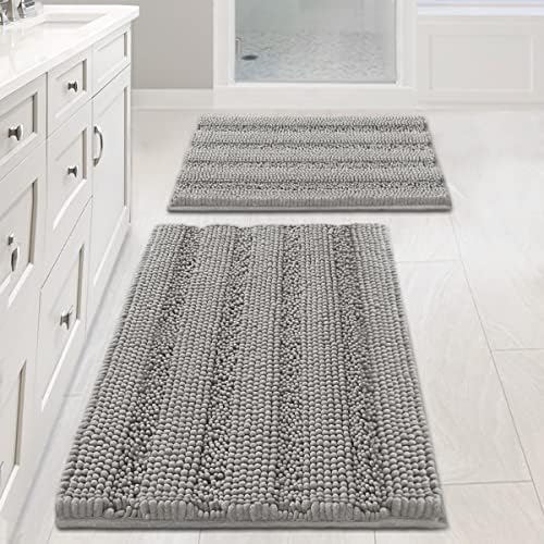 Non Slip Thick Shaggy Chenille Bathroom Rug Mat Set Extra Soft and Absorbent Striped Floor Rugs, 2 Piece, Machine-Washable by HVERSAILTEX