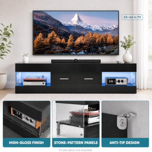 Bestier Black 60 Inch Modern TV Stand, LED Entertainment Center with Drawer - Image 3