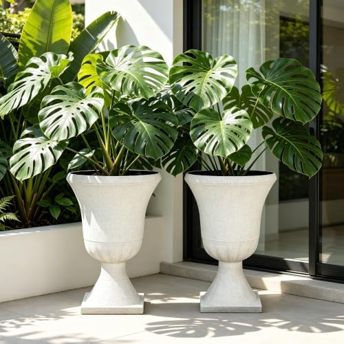 Autodaya 22" Large Urn Outdoor Planters Set of 2, White Terrazzo Plant Pots - Image 3