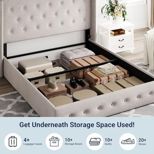 Allewie Queen Size Lift Up Storage Button-Tufted Bed Frame Light Beige - Image 5
