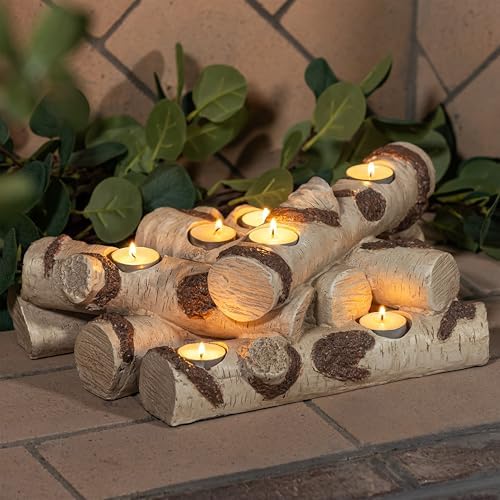 Plow & Hearth Faux Birch Fireplace Candle Holder, Resin Log Insert for Fireplace Decor, Holds 8 Fireplace Candles for Inside Fireplace, Cozy Living Room Fireplace Decorations by PlowHearth