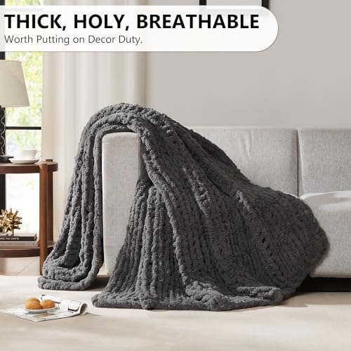 L'AGRATY Chunky Knit Throw Blanket for Couch, 72 x 84 Inches, Dark Grey - Image 4