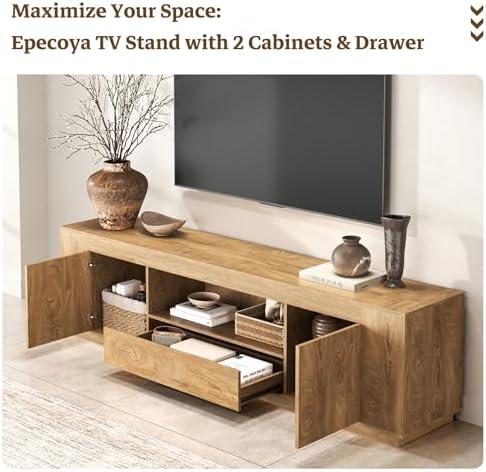 Epecoya Farmhouse TV Stands for Living Room 78.7-Inch, Natural Oak Brown - Image 4