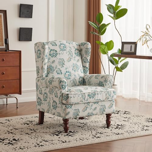 YOLENY Floral Accent Chair, High Back Upholstered Armchair with Solid Legs, Leisure Single Sofa Chair for Living Room, Bedroom, Home Office, Light Cyan Floral - Image 2