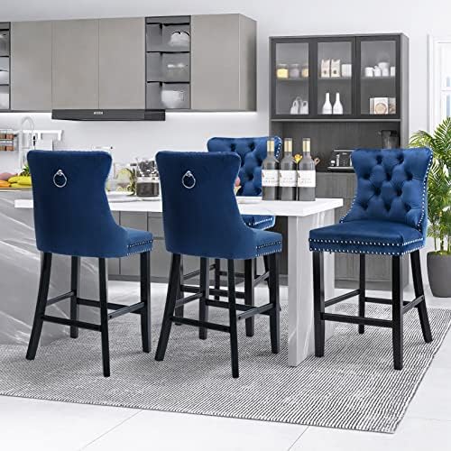 SoarFlash Modern Velvet Upholstered Bar Stools Set of 4 with Wood Legs, Button Tufted,Chrome Nailhead, Counterstool Seat, Armless Bar Chairs (Blue) - Image 6