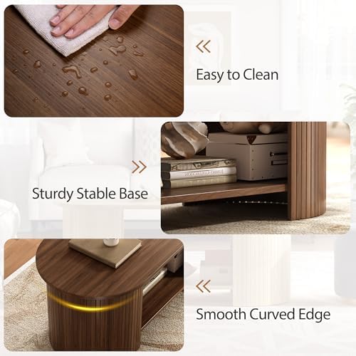 42" Oval Fluted Coffee Table, 2-Tier Center Table with Large Storage, Mid-Century Modern Wood Coffee Table for Living Room, Home Office, Small Space, Walnut - Image 4