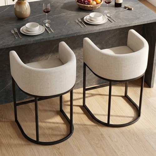 Counter Height Bar Stools Set of 2, 24 Inch Seat Height Barstools for Dining Room, Fabric Upholstered Bar Chair for Kitchen Island, Linen Counter Stools with Metal Legs, Beige by KRAMZMINGQualityHome