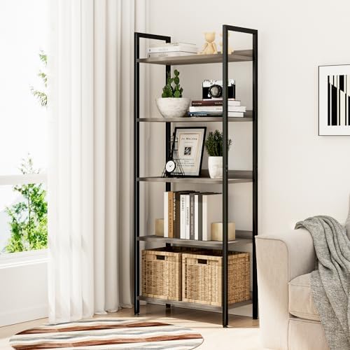 NUMENN Bookshelf, 5 Tier Freestanding Shelving Unit, Grey - Image 2
