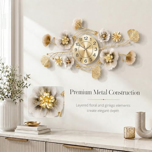 47" 3D Ginkgo Wall Clock with Sculpted Metal Leaves - Image 4