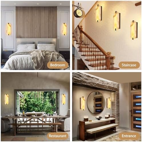 14.17in Alabaster Wall Sconces, Natural Marble Wall Light, Modern LED Alabaster Sconces for Living Room Indoor Wall Lamps for Dining Room Stairs Bedroom,Black - Image 4