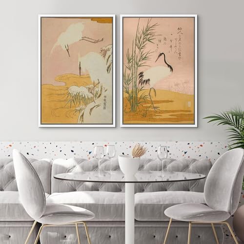 SIGNWIN Framed Canvas Print Wall Art Set Japanese Crane Vintage Style Bird and Bamboo Illustrations Modern Art Rustic Minimal for Living Room, Bedroom, Office - 24"" x36 x2 White - Image 2