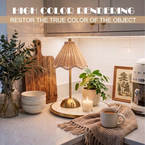 1 Pack Wedding Rattan Bow Cordless Table Lamps Rechargeable, Wicker LED Desk Lamp, 3 Colors Smooth Dimming, Portable Table Decor with Bows for Dining - Image 4