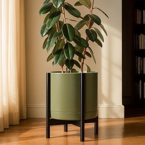 D'vine Dev Ceramic Pot with Ebony Wood Stand, Olive, 14 in, 55-B-S-J - Image 6