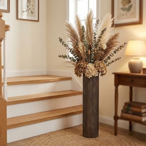 Brown Tall Ribbed Floor Vase - Set of 3 Metal Large Decorative Vases - Image 4