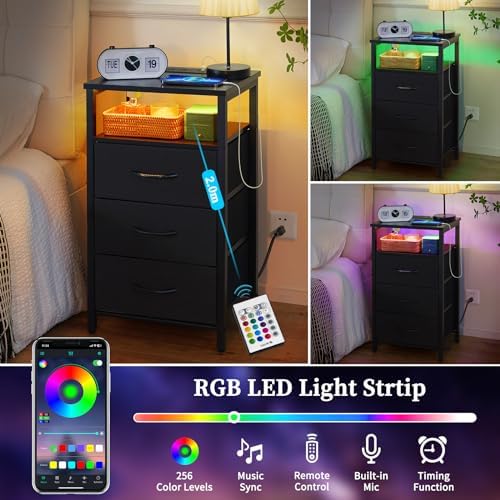 Yoobure Night Stand with Charging Station, Black Nightstand with 3 Fabric Drawers and Storage Shelf, LED End Table with USB Ports and Outlets, Bedside Table for Small Space, Small Dresser for Bedroom - Image 3