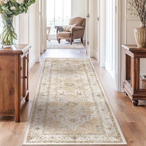 Amada 2'6" x 8' Washable Runner Rug for Hallway, Beige, Vintage Style - Image 4