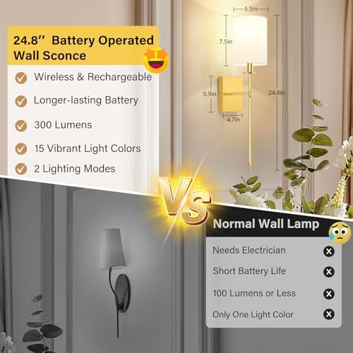Battery Operated Wall Sconces Set of 2, Rechargeable Sconces with Remote - Image 3