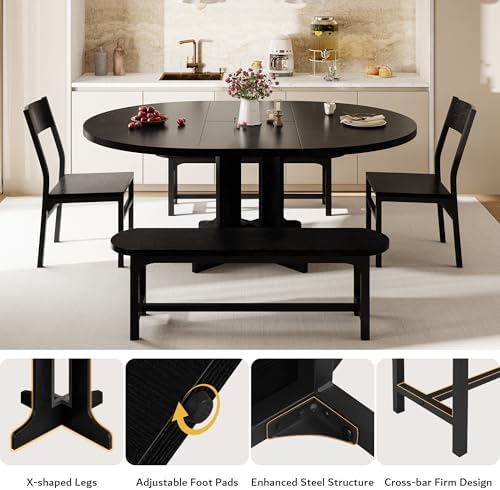 iPormis 5-Piece Round Dining Table Set for 4-6, 59" Extendable Dining Room Table Set with 2 Ergonomic Chairs & 2 Benches, Oval Modern Dinette Table with Metal Frame & MDF Board, Space-Saving, Black - Image 6