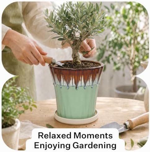 10 Inch Ceramic Planters with Drainage Hole and Saucer,Indoor Outdoor Large Flower Pots, Garden Pot for Plant Lovers (Drip Green) - Image 5