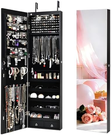 NAFORT 2 LEDs Jewelry Armoire with Full Length Mirror, 47.5" H Wall or Door Mounted Jewelry Cabinet with 2 Drawers, Lockable Jewelry Organizers and Storage, Hanging Jewelry Organizer, Black by NAFORT