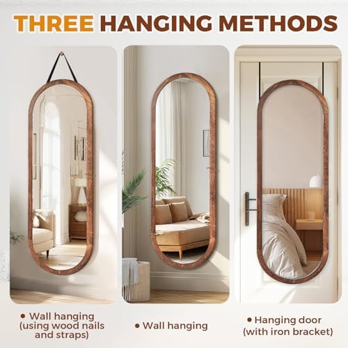 48x16in Oval Full Length Mirror Solid Wood Frame, Brown - Image 3