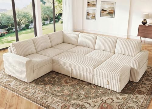 HONBAY Modular Sectional Sleeper Sofa with Pull Out Bed,Corduroy U Shaped Couch with Storage, Sectional Couches for Living Room,Beige by HONBAY