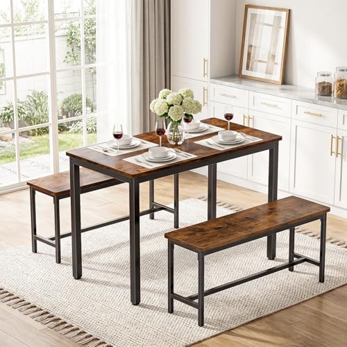 Dining Table Set for 4, Kitchen Table with 2 Benchs, Brown - Image 4