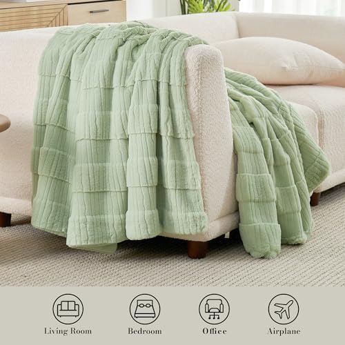 Amélie Home Luxury Striped Faux Fur Throw Blanket for Couch, Soft Cozy Fuzzy Fluffy Soft Plush Blankets Sofa Chair Gift Blankets for Women, 60"x80", Sage Green - Image 5