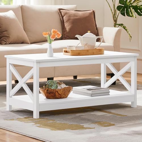 Yaheetech White Coffee Table for Living Room, X-Design Storage Shelf, 39.5" by Yaheetech