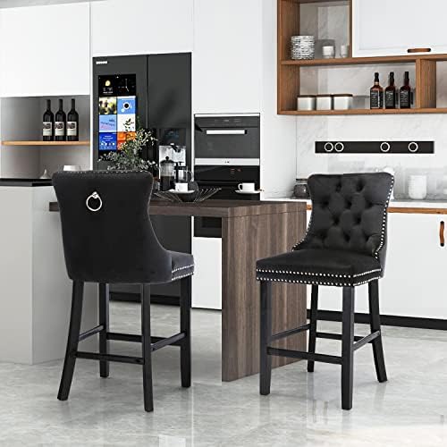 SoarFlash Modern Velvet Upholstered Bar Stools Set of 2 with Wood Legs, Button Tufted,Chrome Nailhead, Counterstool Seat, Armless Bar Chairs (Black) - Image 6