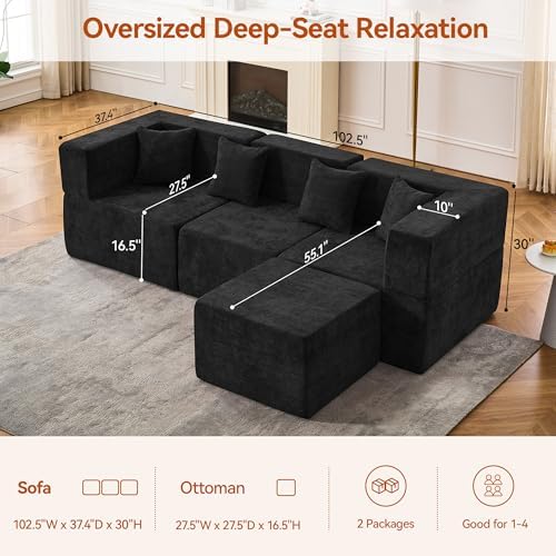 MONVANE 103'' Modular Sectional Sofa, Comfy Chenille Cloud Couch with Ottoman, Modern Convertible L Shaped Couch with Deep Seat, Sectional Couches for Living Room, Bedroom and Apartment, Black - Image 2