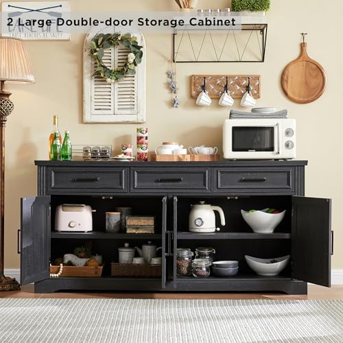 JXQTLINGMU 66" Farmhouse Buffet Cabinet with Storage, Sideboard Credenza, Carved Cloud-Inspired Doors, 3 Drawers & Adjustable Shelves, Coffee Bar Cabinet, Black - Image 3