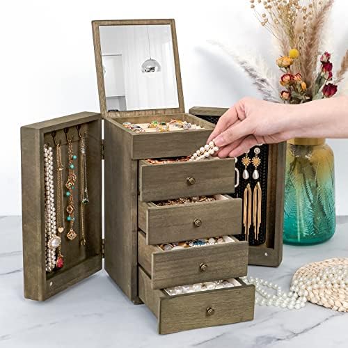 Meangood Jewelry Box Wood for Women, 5-Layer Large Organizer Box with Mirror & 4 Drawers for Rings, Earrings, Necklaces, Vintage Style, Weathered Grey - Image 6