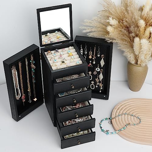 Meangood Jewelry Box Wood for Women, 6-Layer Large Organizer Box with Mirror & 5 Drawers for Rings, Earrings, Necklaces, Vintage Style, Black - Image 2
