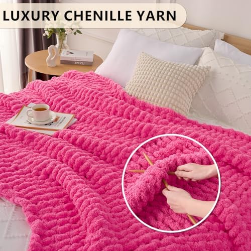 L'AGRATY Chunky Knit Throw Blanket for Couch, 50 x 60 Inches, Hot Pink - Image 3