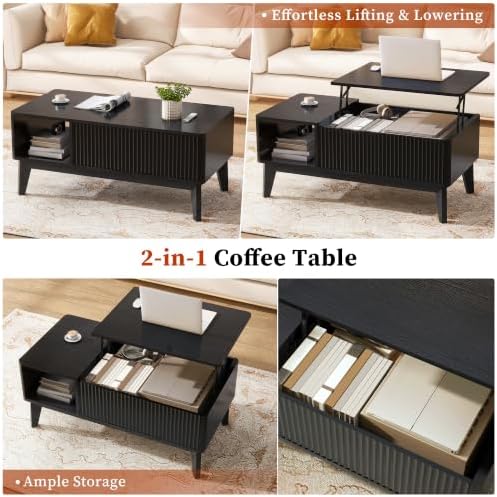 LYNCOHOME Fluted Coffee Table with Hidden Compartment, Wood Lift Top Coffee Tables, Modern Center Table for Living Room, Home Office, Black - Image 6