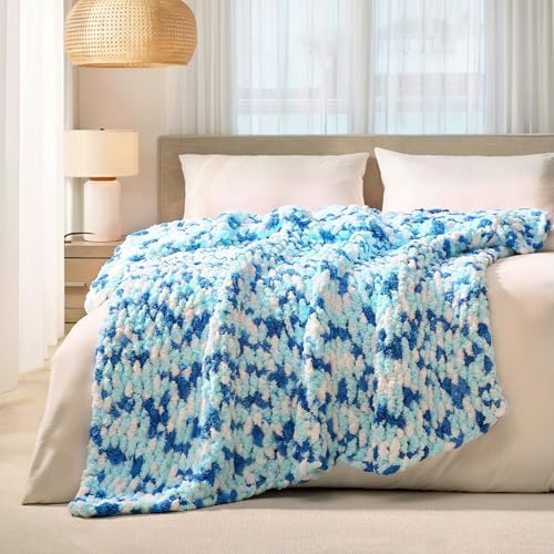 L'AGRATY Chunky Knit Throw Blanket for Couch, 50 x 60 Inches, Blue White by LAGRATY
