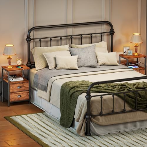 Furologee Nightstand Set of 2, Rustic Brown, with Charging Station and USB Ports, Side Tables with 2 Fabric Drawers, Bedside Tables with Storage Shelf & Hooks, for Living Room/Bedroom - Image 4