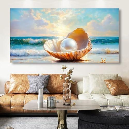 Seashells Pearls Pictures Canvas Wall Art Living Room Office Bedroom Wall Decor Sea Landscape Wall Art Prints Modern Blue and White Landscape Artwork Waterproof Ready to Hang - 20x40 inches - Image 2