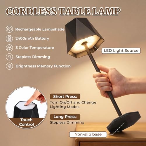 6 Pack LED Cordless Table Lamp Portable Rechargeable Desk Touch Lamp Waterproof 3000mah Battery Operated 3 Color Stepless Dimming Touch Control for Restaurant Bedroom(Black) - Image 3