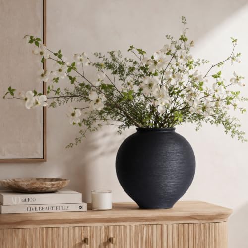 Large Blak Ceramic Vase - 9 Inch Large Black Round Vase, Rustic Farmhouse Vase for Home Decor, Dining Table, Shelf, Bedroom, Living Room, Kitchen, Office, Bathroom, Mantle, Centerpiece Décor - Image 3