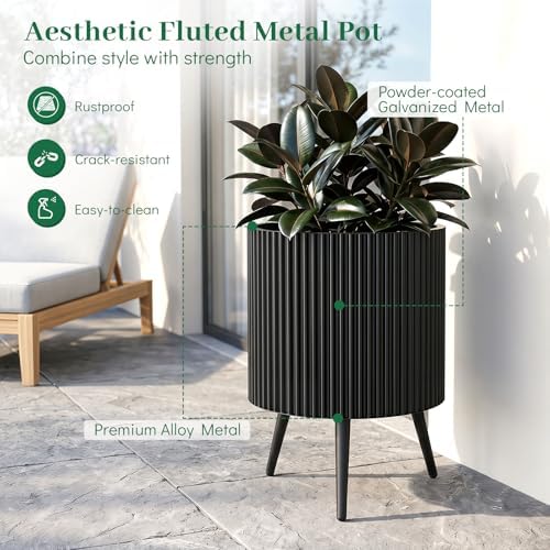 GIANTEX 16 Inch Plant Pot with Stand, Mid-Century Modern Fluted Planter - Image 5